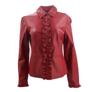 Oscar by Oscar De La Renta Vintage Red Ruffled Leather Jacket Size 8